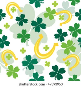 Seamless pattern with clover leaves and horseshoes. Vector illustration
