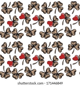 seamless pattern with clover leaves and image elements, hearts ea white background