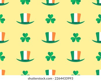 Seamless pattern with clover leaves and leprechaun hat in the colors of the flag of Ireland. Festive background for St. Patrick's Day. Design for print, wallpaper and wrapping. Vector illustration