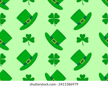 Seamless pattern with clover leaves and Leprechaun hat. Happy St. Patrick's Day. Four-leaf and three-leaf clovers are green. Background for wallpaper and banner. Vector illustration