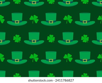 Seamless pattern with clover leaves and Leprechaun hat. Happy St. Patrick's Day. Four-leaf and three-leaf clovers are green. Background for wallpaper and banner. Vector illustration