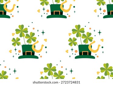 Nahtloses Muster mit Kleeblättern und Leprechaun-Hut. Happy St. Patrick's Day