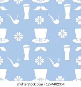 Seamless pattern with clover leaves, mustache, glass of beer, hat, smoking pipe. St. Patrick's Day. Holiday background. Irish vector pattern. Design for banner, poster, textile, print.