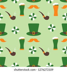 Seamless pattern with clover leaves, mustache, glass of beer, hat, smoking pipe. St. Patrick's Day. Holiday background. Irish vector pattern. Design for banner, poster, textile, print.