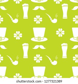 Seamless pattern with clover leaves, mustache, glass of beer, hat, smoking pipe. St. Patrick's Day. Holiday background. Irish vector pattern. Design for banner, poster, textile, print.