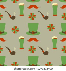 Seamless pattern with clover leaves, mustache, glass of beer, hat, smoking pipe. St. Patrick's Day. Holiday background. Irish vector pattern. Design for banner, poster, textile, print.