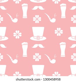 Seamless pattern with clover leaves, mustache, glass of beer, hat, smoking pipe. St. Patrick's Day. Holiday background. Irish vector pattern. Design for banner, poster, textile, print.