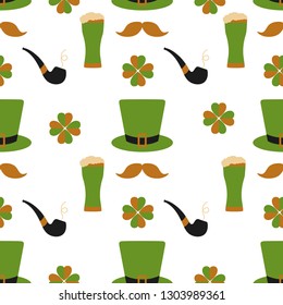 Seamless pattern with clover leaves, mustache, glass of beer, hat, smoking pipe. St. Patrick's Day. Holiday background. Irish vector pattern. Design for banner, poster, textile, print.