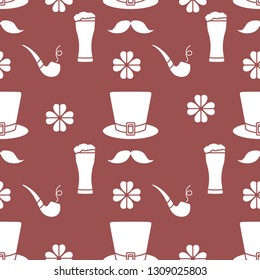 Seamless pattern with clover leaves, mustache, glass of beer, hat, smoking pipe. St. Patrick's Day. Holiday background. Irish vector pattern. Design for banner, poster, textile, print.