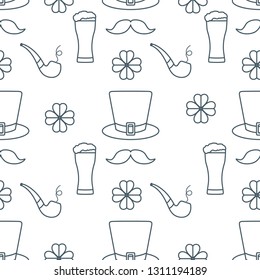 Seamless pattern with clover leaves, mustache, glass of beer, hat, smoking pipe. St. Patrick's Day. Holiday background. Irish vector pattern. Design for banner, poster, textile, print.