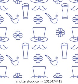 Seamless pattern with clover leaves, mustache, glass of beer, hat, smoking pipe. St. Patrick's Day. Holiday background. Irish vector pattern. Design for banner, poster, textile, print.