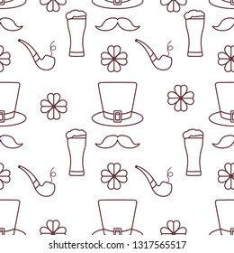 Seamless pattern with clover leaves, mustache, glass of beer, hat, smoking pipe. St. Patrick's Day. Holiday background. Irish vector pattern. Design for banner, poster, textile, print.