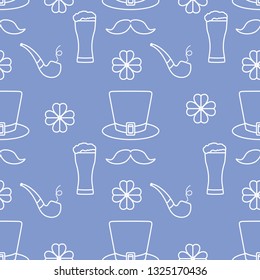 Seamless pattern with clover leaves, mustache, glass of beer, hat, smoking pipe. St. Patrick's Day. Holiday background. Irish vector pattern. Design for banner, poster, textile, print.