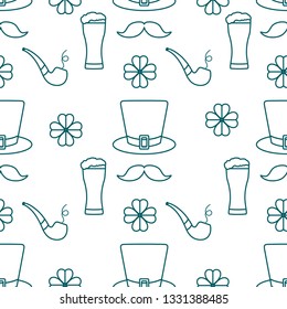 Seamless pattern with clover leaves, mustache, glass of beer, hat, smoking pipe. St. Patrick's Day. Holiday background. Irish vector pattern. Design for banner, poster, textile, print.
