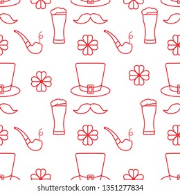 Seamless pattern with clover leaves, mustache, glass of beer, hat, smoking pipe. St. Patrick's Day. Holiday background. Irish vector pattern. Design for banner, poster, textile, print.