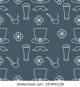 Seamless pattern with clover leaves, mustache, glass of beer, hat, smoking pipe. St. Patrick's Day. Holiday background. Irish vector pattern. Design for banner, poster, textile, print.