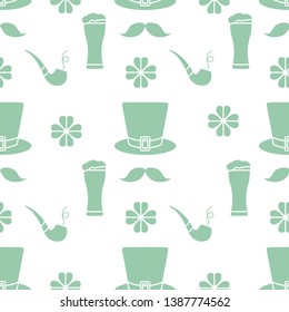 Seamless pattern with clover leaves, mustache, glass of beer, hat, smoking pipe. St. Patrick's Day. Holiday background. Irish vector pattern. Design for banner, poster, textile, print.