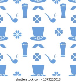 Seamless pattern with clover leaves, mustache, glass of beer, hat, smoking pipe. St. Patrick's Day. Holiday background. Irish vector pattern. Design for banner, poster, textile, print.