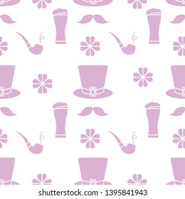 Seamless pattern with clover leaves, mustache, glass of beer, hat, smoking pipe. St. Patrick's Day. Holiday background. Irish vector pattern. Design for banner, poster, textile, print.