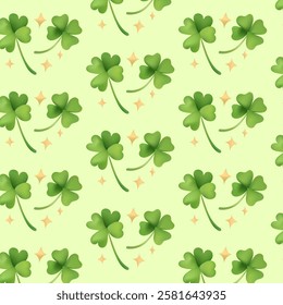 Seamless pattern with clover leaves on green background in a decorative design. Lucky Shamrock. St. Patrick's Day concept.