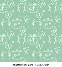 Seamless pattern with clover leaves, pot of gold, horseshoe. St. Patrick's Day. Holiday background. Irish vector pattern. Design for banner, poster, textile, print.