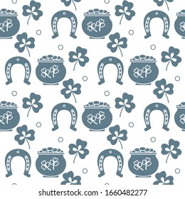 Seamless pattern with clover leaves, pot of gold, horseshoe. St. Patrick's Day. Holiday background. Irish vector pattern. Design for banner, poster, textile, print.