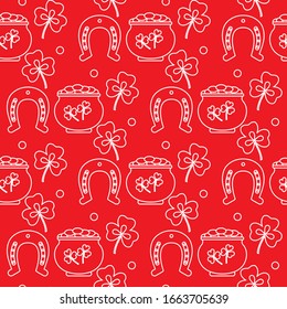 Seamless pattern with clover leaves, pot of gold, horseshoe. St. Patrick's Day. Holiday background. Irish vector pattern. Design for banner, poster, textile, print.