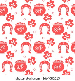 Seamless pattern with clover leaves, pot of gold, horseshoe. St. Patrick's Day. Holiday background. Irish vector pattern. Design for banner, poster, textile, print.