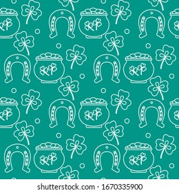 Seamless pattern with clover leaves, pot of gold, horseshoe. St. Patrick's Day. Holiday background. Irish vector pattern. Design for banner, poster, textile, print.