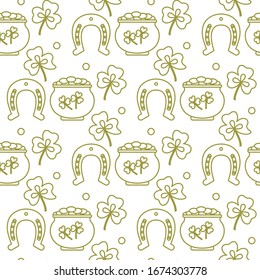 Seamless pattern with clover leaves, pot of gold, horseshoe. St. Patrick's Day. Holiday background. Irish vector pattern. Design for banner, poster, textile, print.