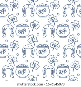 Seamless pattern with clover leaves, pot of gold, horseshoe. St. Patrick's Day. Holiday background. Irish vector pattern. Design for banner, poster, textile, print.