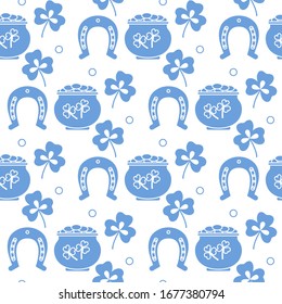 Seamless pattern with clover leaves, pot of gold, horseshoe. St. Patrick's Day. Holiday background. Irish vector pattern. Design for banner, poster, textile, print.