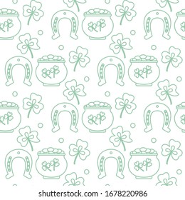 Seamless pattern with clover leaves, pot of gold, horseshoe. St. Patrick's Day. Holiday background. Irish vector pattern. Design for banner, poster, textile, print.