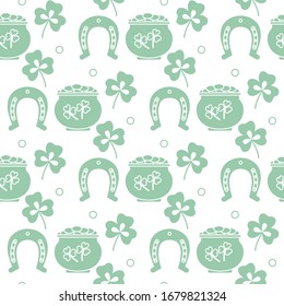 Seamless pattern with clover leaves, pot of gold, horseshoe. St. Patrick's Day. Holiday background. Irish vector pattern. Design for banner, poster, textile, print.