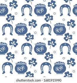 Seamless pattern with clover leaves, pot of gold, horseshoe. St. Patrick's Day. Holiday background. Irish vector pattern. Design for banner, poster, textile, print.