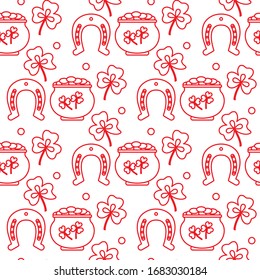 Seamless pattern with clover leaves, pot of gold, horseshoe. St. Patrick's Day. Holiday background. Irish vector pattern. Design for banner, poster, textile, print.