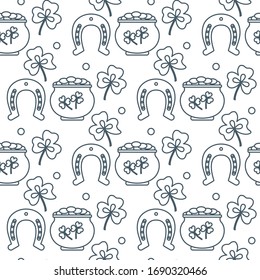 Seamless pattern with clover leaves, pot of gold, horseshoe. St. Patrick's Day. Holiday background. Irish vector pattern. Design for banner, poster, textile, print.