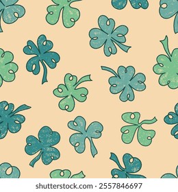 Seamless Pattern of Clover Leaves in Retro Colors. Hand drawn botanical design for St. Patric Day. Modern print for textile, fabric, wallpaper, wrapping, scrapbook and packaging