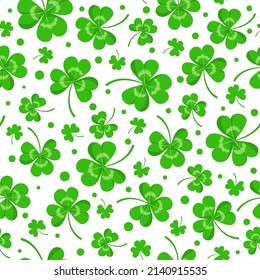 Seamless pattern with clover leaves for Saint Patrick day. Texture with shamrock leaves on white background. Vector ornament for traditional Irish holiday with flat green trefoils