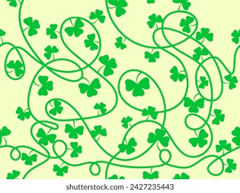 Seamless pattern of clover leaves for St. Patrick's Day. Intertwined green clover and shamrock. Irish holiday design for wallpaper, banners and promotional materials. Vector illustration