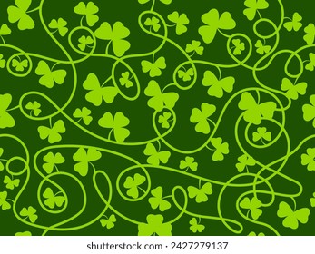 Seamless pattern of clover leaves for St. Patrick's Day. Intertwined green clover and shamrock. Irish holiday design for wallpaper, banners and promotional materials. Vector illustration