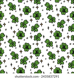 Seamless pattern with clover leaves and stars. St. Patrick Day background.