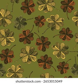 Seamless pattern with clover leaves. . Vector hand drawn illustration. St Patrick's day decorative background. Modern floral compositions. Fashion vector illustration for wallpaper, fabric, textile.