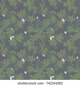 Seamless pattern, clover leaves with white flowers on dark gray background