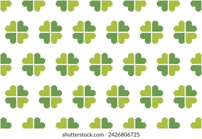 Seamless pattern clover leaves.Lucky magical plant. Background for St.Patrick's Day.Cute green shamrock four leaf. Irish Celtic folk.Pixel embroidery,ethnic,cross stitch style Vector illustration.