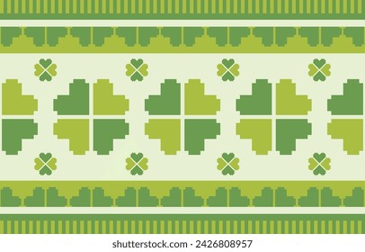 Seamless pattern clover leaves.Lucky magical plant.Background for St.Patrick's Day.Cute green shamrock four leaf. Irish Celtic folk.Pixel embroidery,ethnic,cross stitch style Vector illustration.