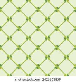 Seamless pattern clover leaves.Lucky magical plant. Background for St.Patrick's Day.Cute green shamrock four leaf. Irish Celtic folk.Pixel embroidery,ethnic,cross stitch style Vector illustration.