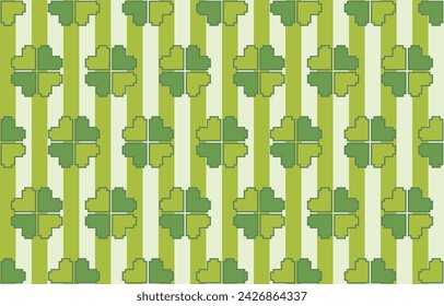 Seamless pattern clover leaves.Lucky magical plant. Background for St.Patrick's Day.Cute green shamrock four leaf. Irish Celtic folk.Pixel embroidery,ethnic,cross stitch style Vector illustration.