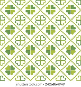 Seamless pattern clover leaves.Lucky magical plant. Background for St.Patrick's Day.Cute green shamrock four leaf. Irish Celtic folk.Pixel embroidery,ethnic,cross stitch style Vector illustration.