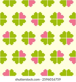 Seamless pattern clover leaves.Lucky magical plant. Background for St.Patrick's Day.Cute green shamrock four leaf. Irish Celtic folk.Pixel embroidery,ethnic,cross stitch style Vector illustration.